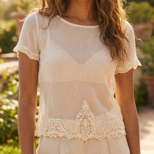 JESSICA SIMPSON Crochet Hem Chiffon Button Back Bohemian Top